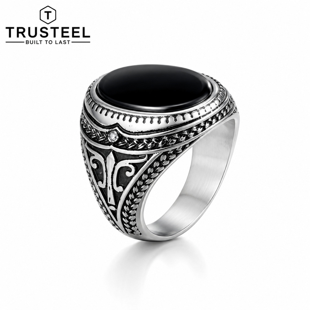 Men’s Black Onyx Signet Ring 316L Stainless Steel Vintage Gothic Size 8